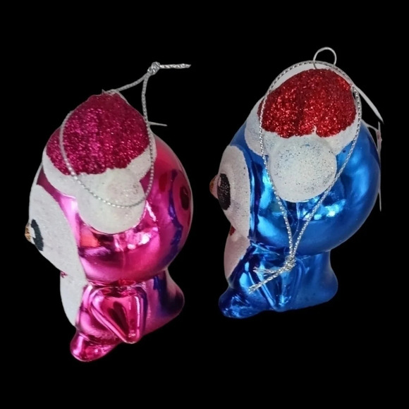 Holiday time pinguins christmas tree ornaments set of 2 blue/pink - Picture 2 of 5